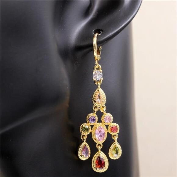 18K Gold Plated Rainbow Gemstone Flower Dangle Earrings - Picture 2 of 3